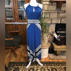 LONDON TIMES SIZE 12 MULTICOLORED HALTER MAXI DRESS KEYHOLES FRONT AND BACK EUC